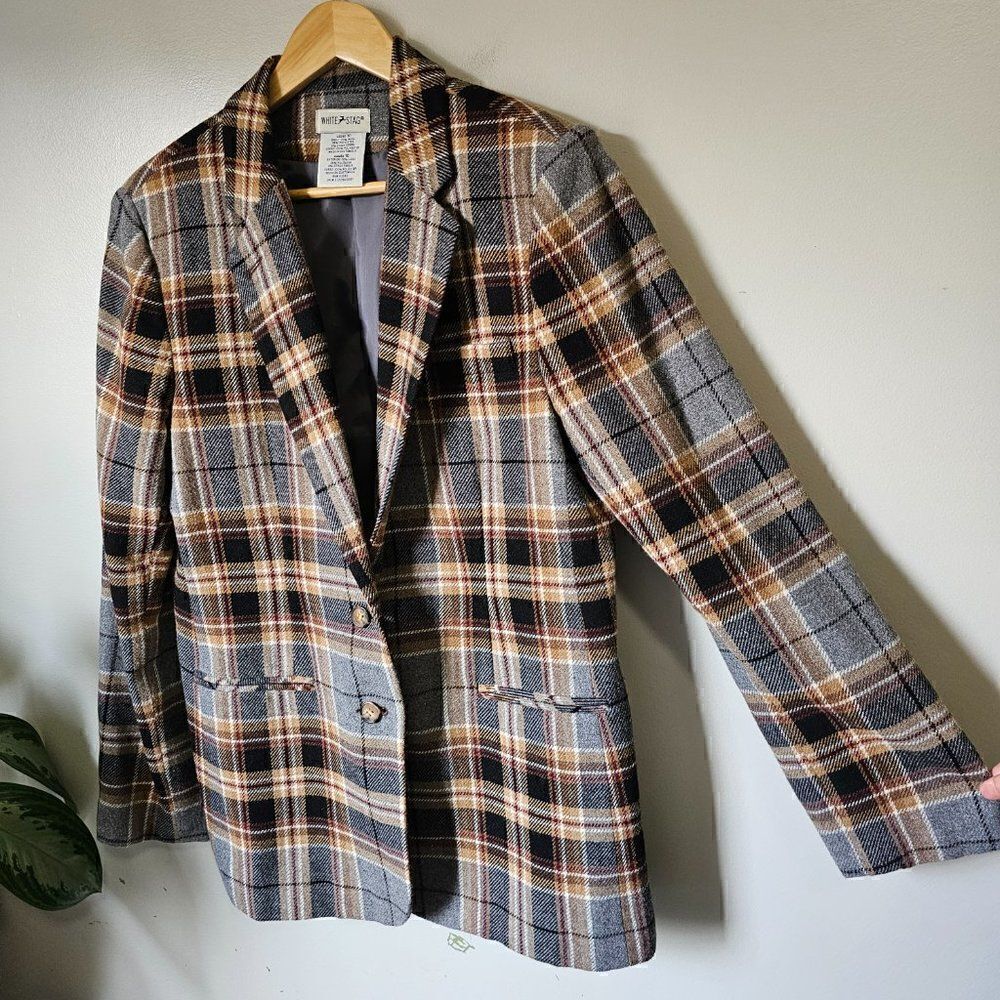 EUC VINTAGE WHITE STAG PLAID WOOL BLEND BLAZER JACKET SIZE 10 / M - Picture 2 of 15